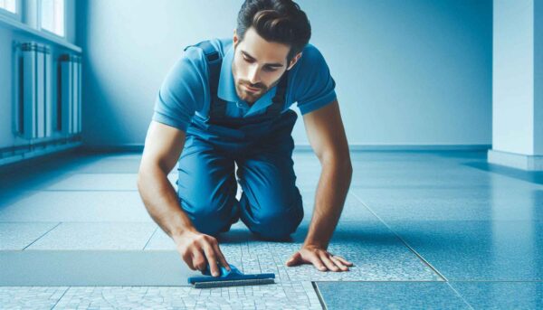 a man on the floor installing terrazzo flooring