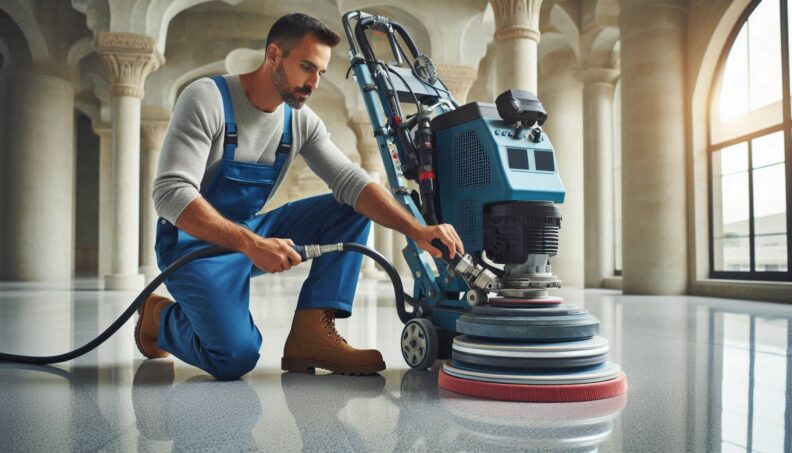 man polishing a terrazzo floor with a buffing machine