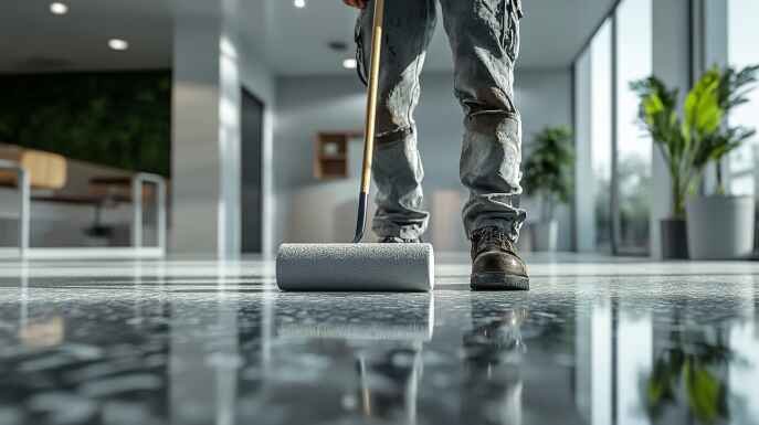 man_standing_holding_a_roller_applying_sealer_to_terrazzo_floor